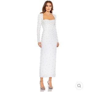 Mac Duggal allover rhinestone long sleeve dress white
